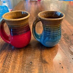 Handcrafted Ceramic Coffee Mugs - Red and Blue Glaze Set